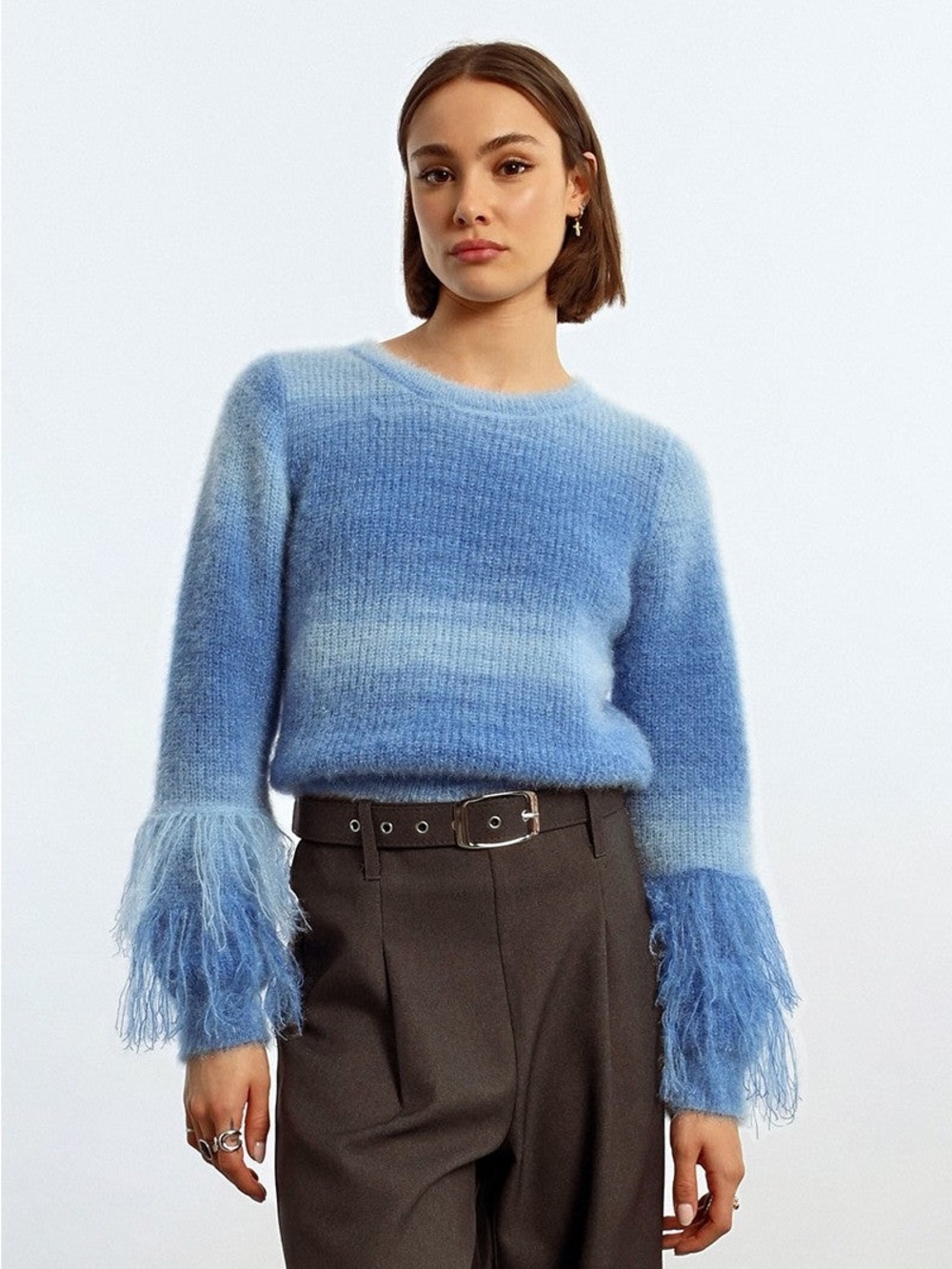 Lili Sidonio Blue Ombre Feather-Cuff Knit Sweater Size Large